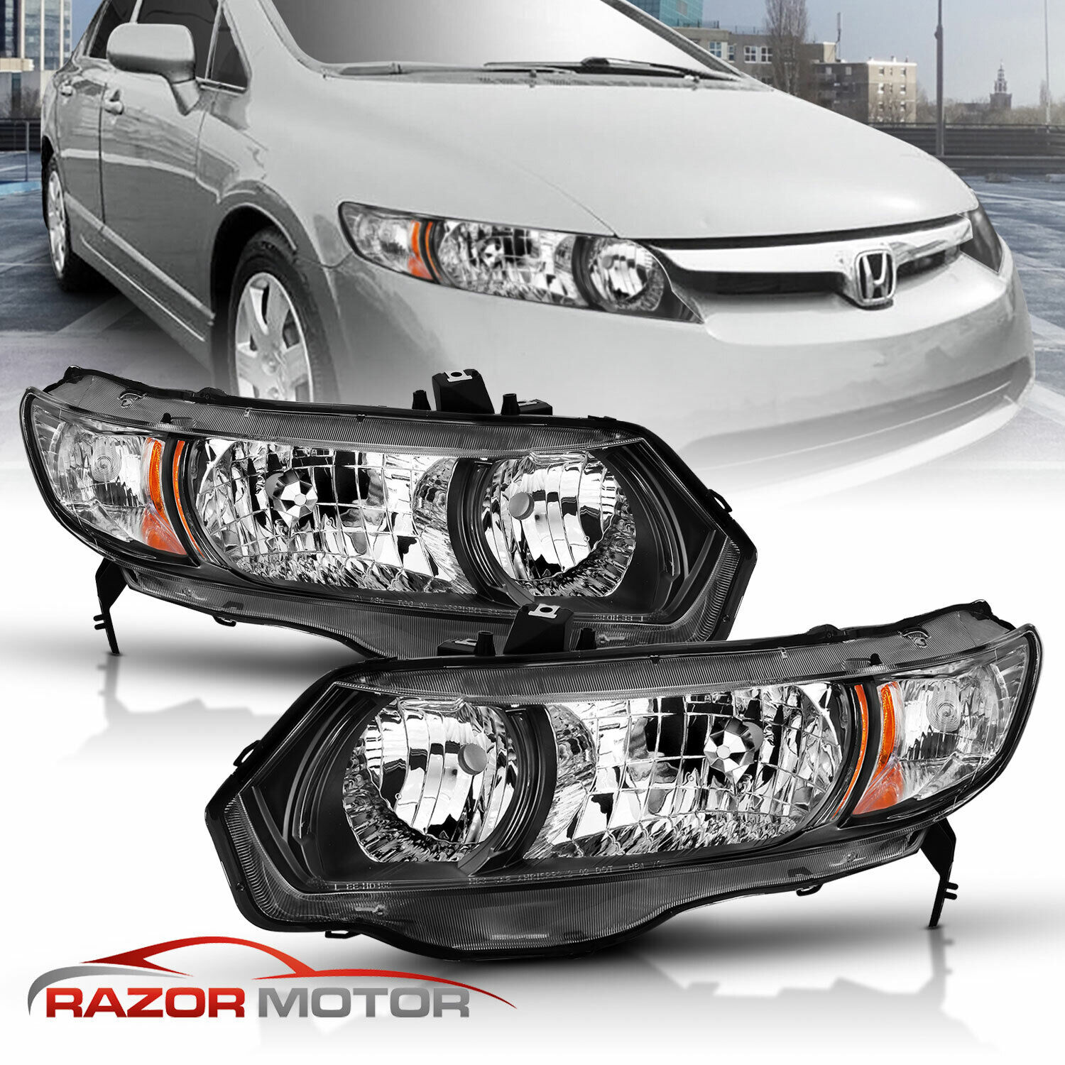 2006-2011 Black Replacement Headlight Pair For Honda Civic 2Dr Coupe Si, DX, LX