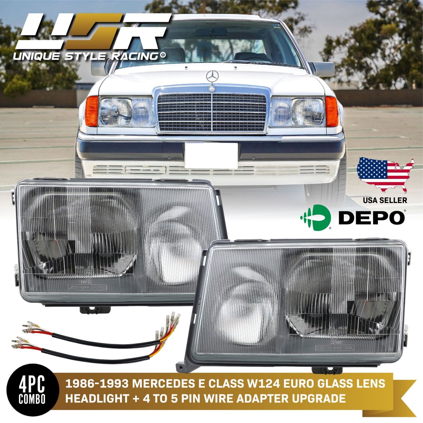 DEPO Euro Glass Headlights Set + Wiring Adapters For 86-93 Mercedes-Benz W124