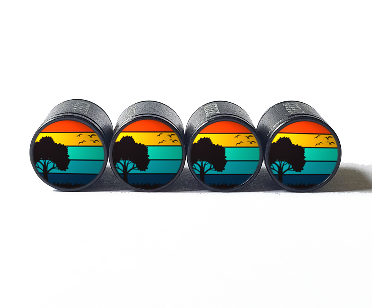 Colorful Tree Silhouette Tire Valve Caps - Black Aluminum - Set of Four