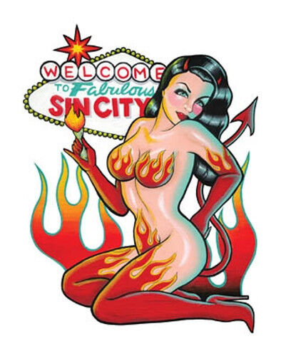 Rockabilly SIN CITY DEVIL GIRL VEGAS Hotrod STICKER/Vinyl DECAL Kirsten Easthope