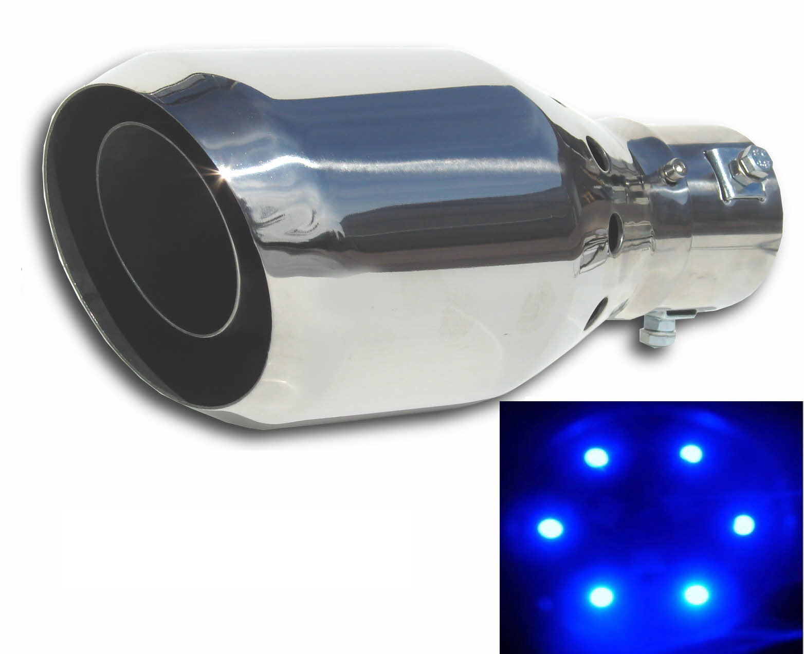 Blue LED Stainless Steel Muffler Exhaust Tip 12v DC Super Bright EZ Clamp On NEW
