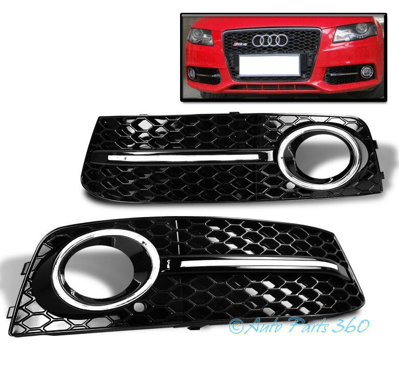 09-12 AUDI A4 B8 BASE HONEYCOMB FRONT BUMPER FOG LIGHT GRILLE COVER GLOSSY BLACK