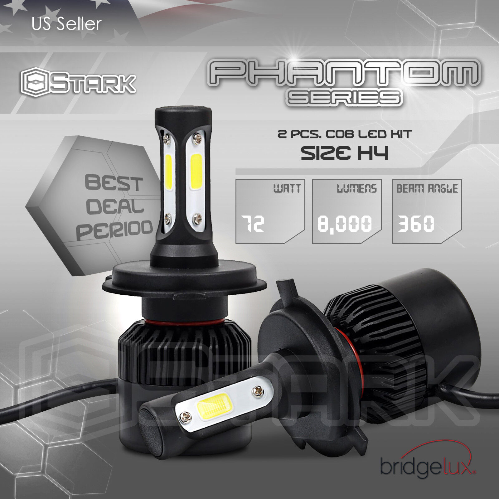 72W 8000LM US BridgeLux Chip LED Kit 6000K Headlight Hi / Lo Bulbs - H4 HB2 9003