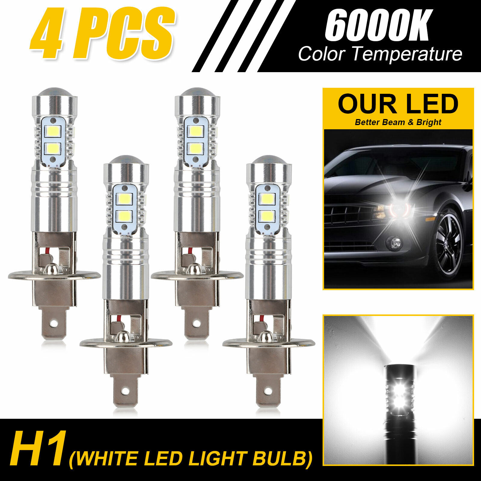 4x H1 200W CREE LED Headlight Kit Fog Driving DRL Light Bulbs 6000K Xenon White