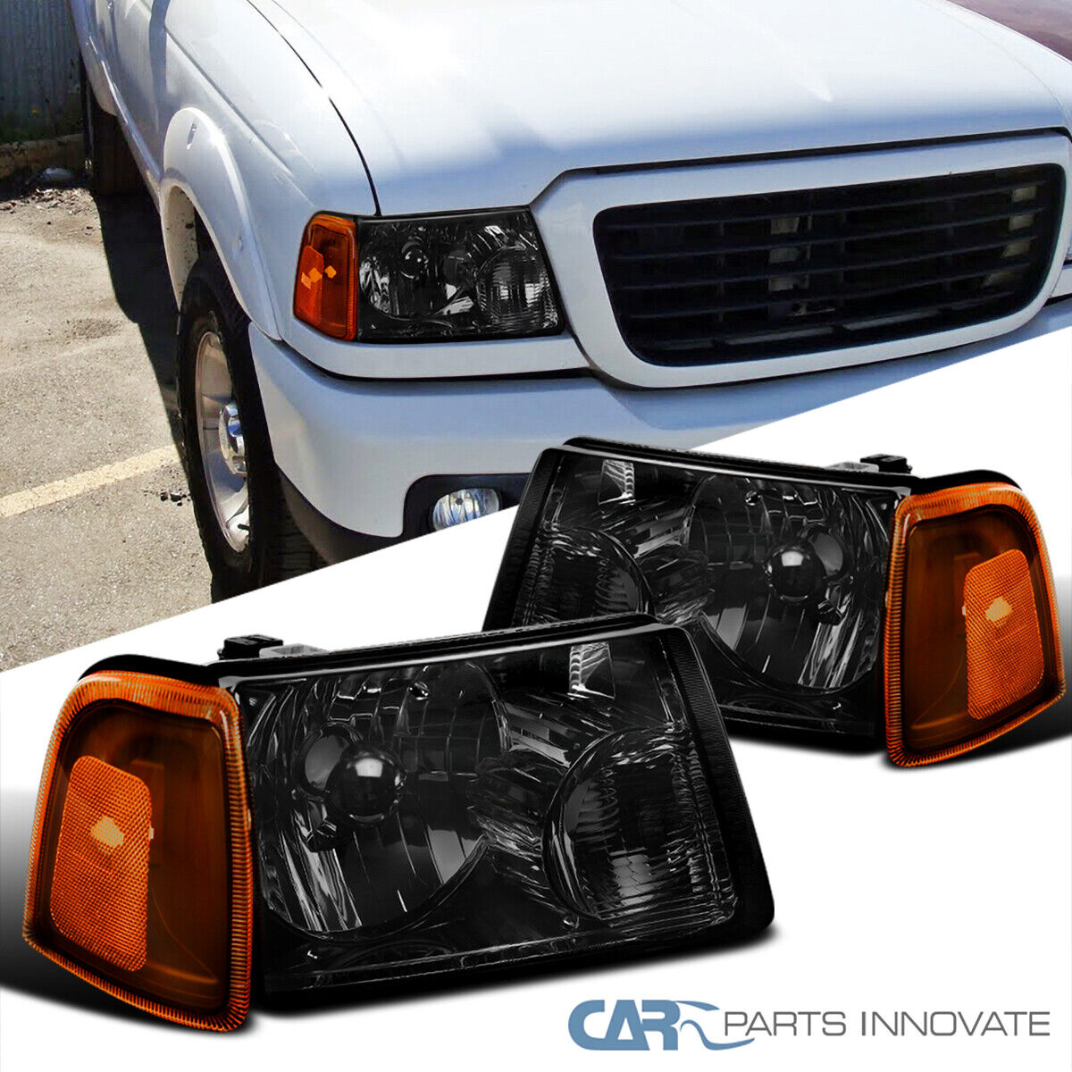 Fits 01-11 Ford Ranger Pickup Truck Smoke Headlights+Amber Lens Corner Lamps L+R