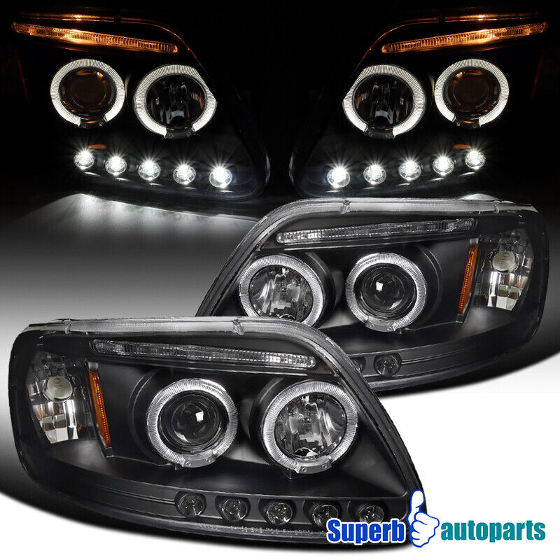 For 1997-2003 Ford F150 Expedition LED Halo Projector Headlights Black