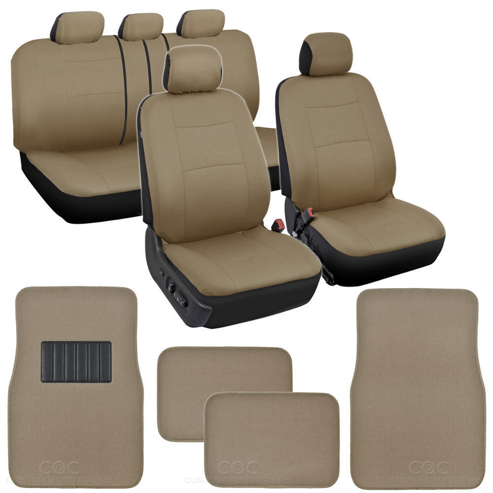 Solid Beige Car Seat Covers Set Complete w/ Front & Rear Carpet Floor Mats