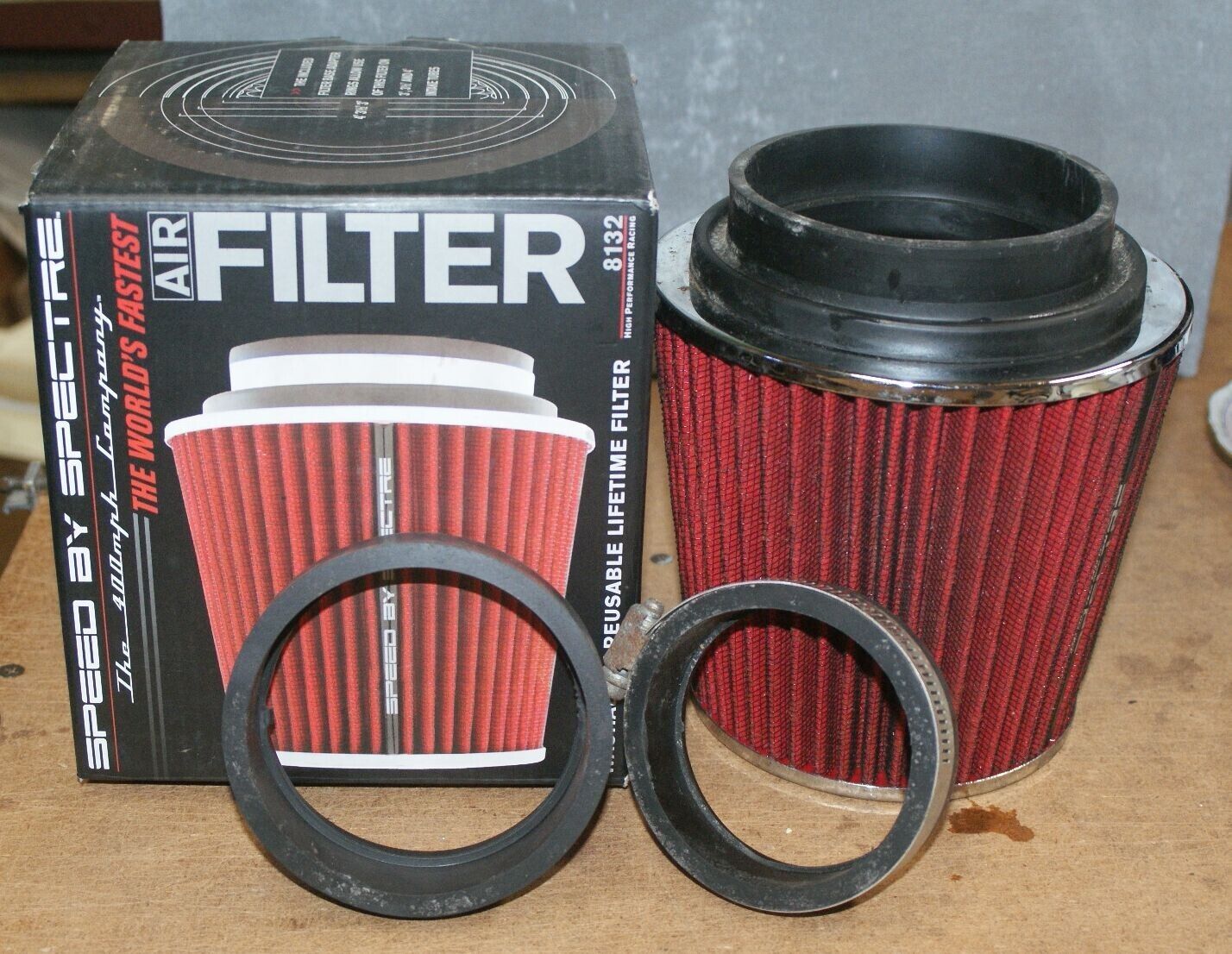 SPEED by SPECTRE AIR FILTER 8132 PRE-OILED USED OPEN BOX w/ADAPTERS & 3” CLAMP