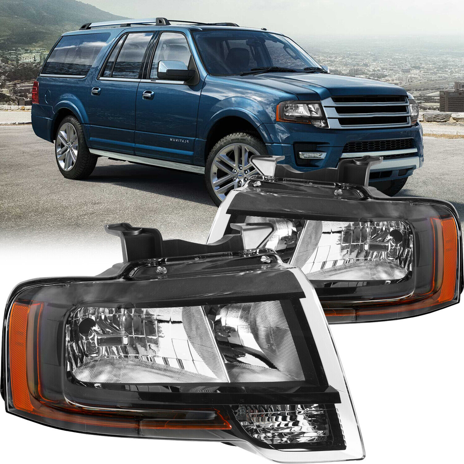 For 2015-2017 Ford Expedition Black With Complex Reflect Headlights Lamps Pair