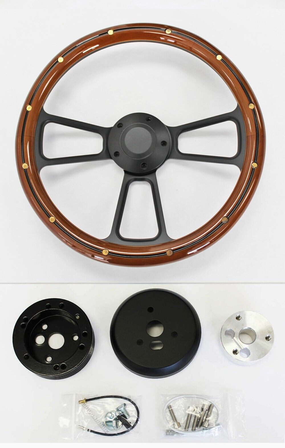 Galaxie Torino Maverick LTD Mahogany Wood on Black Spokes Steering Wheel 14