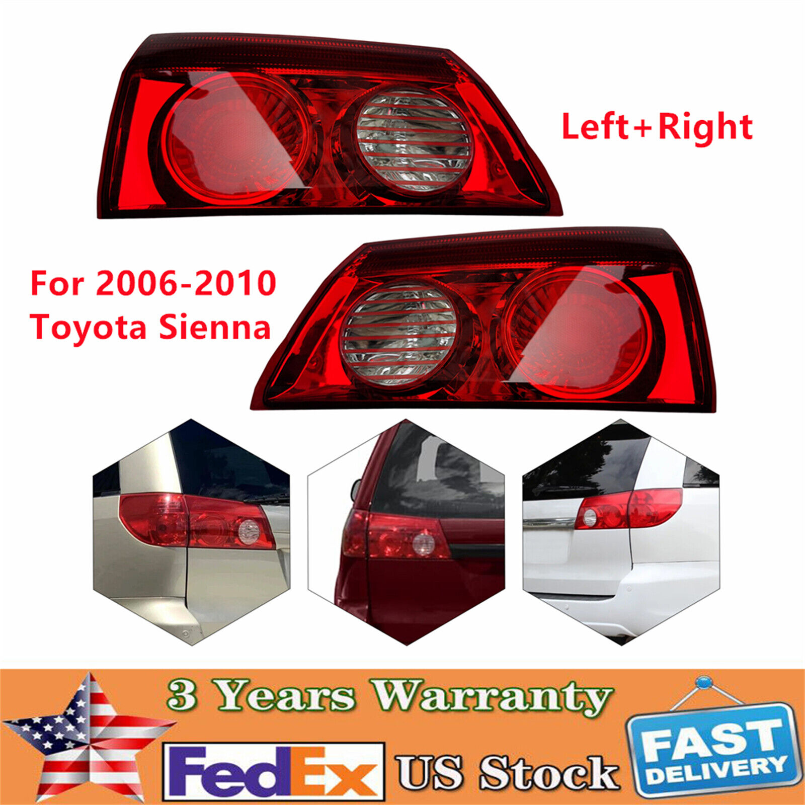 Pair For 2006-2010 Toyota Sienna Left + Right Side Brake Lamp Inner Tail Light 