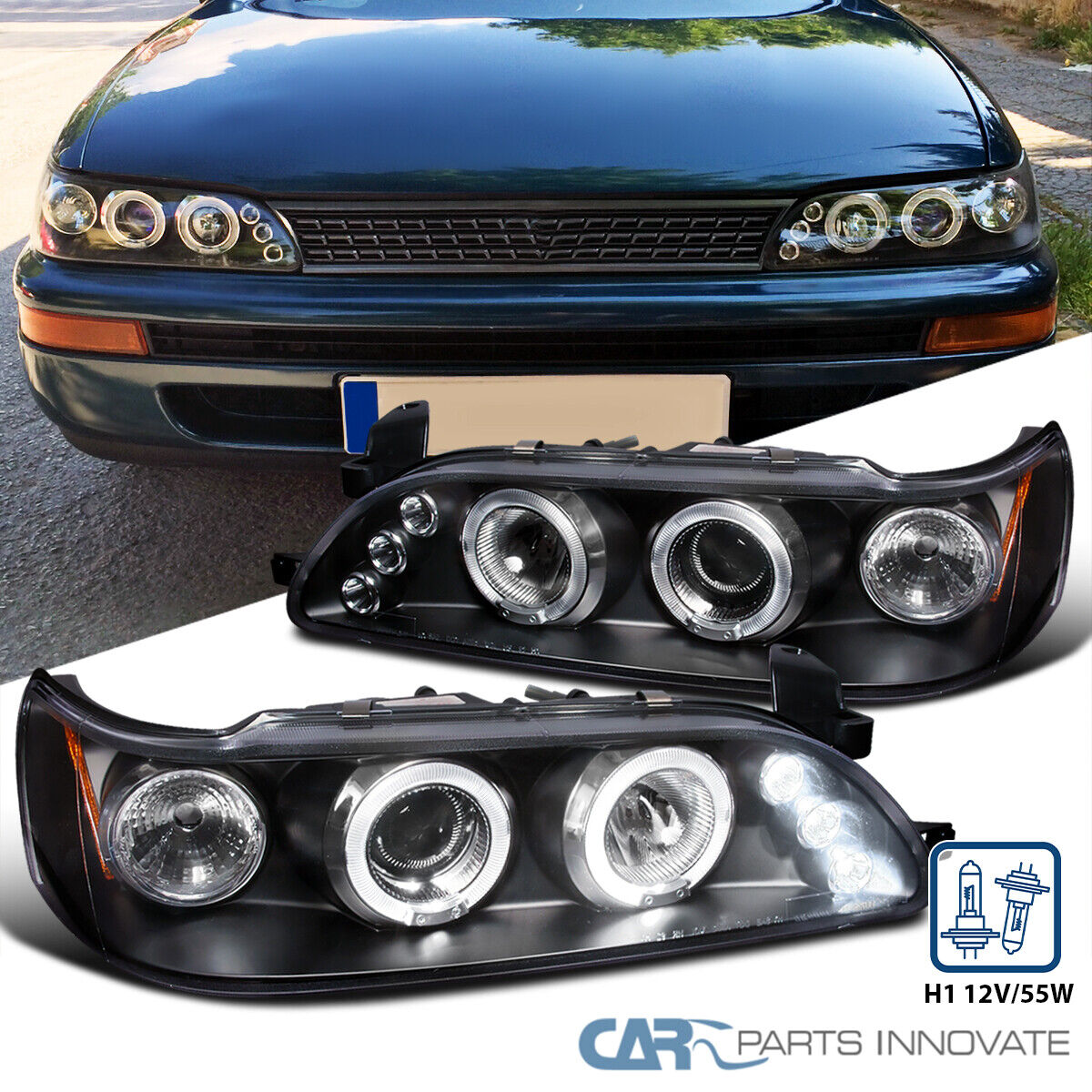 Black Fits 1993-1997 Toyota Corolla LED Halo Projector Headlights Left+Right