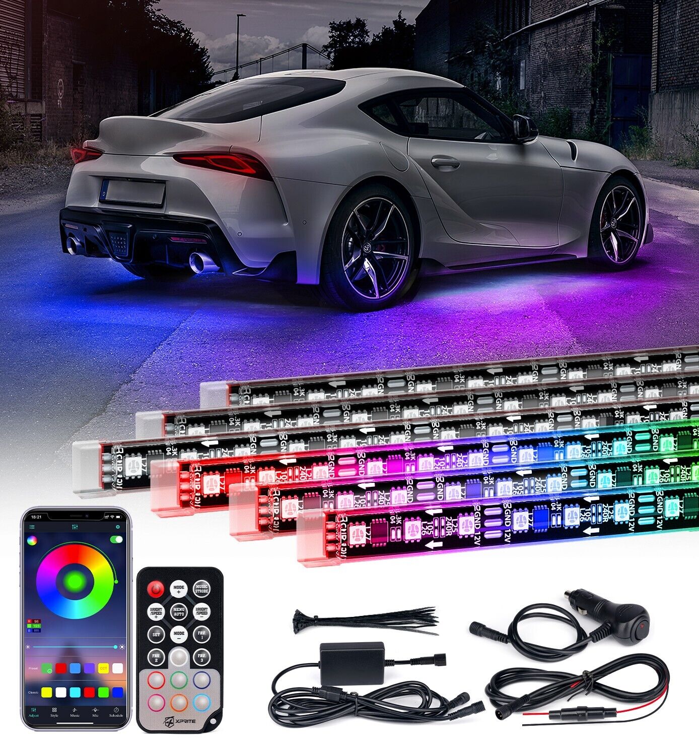 Xprite 6PCS RGB LED Rock Light Strip Car Underglow Neon Kit Music Dancing Remote
