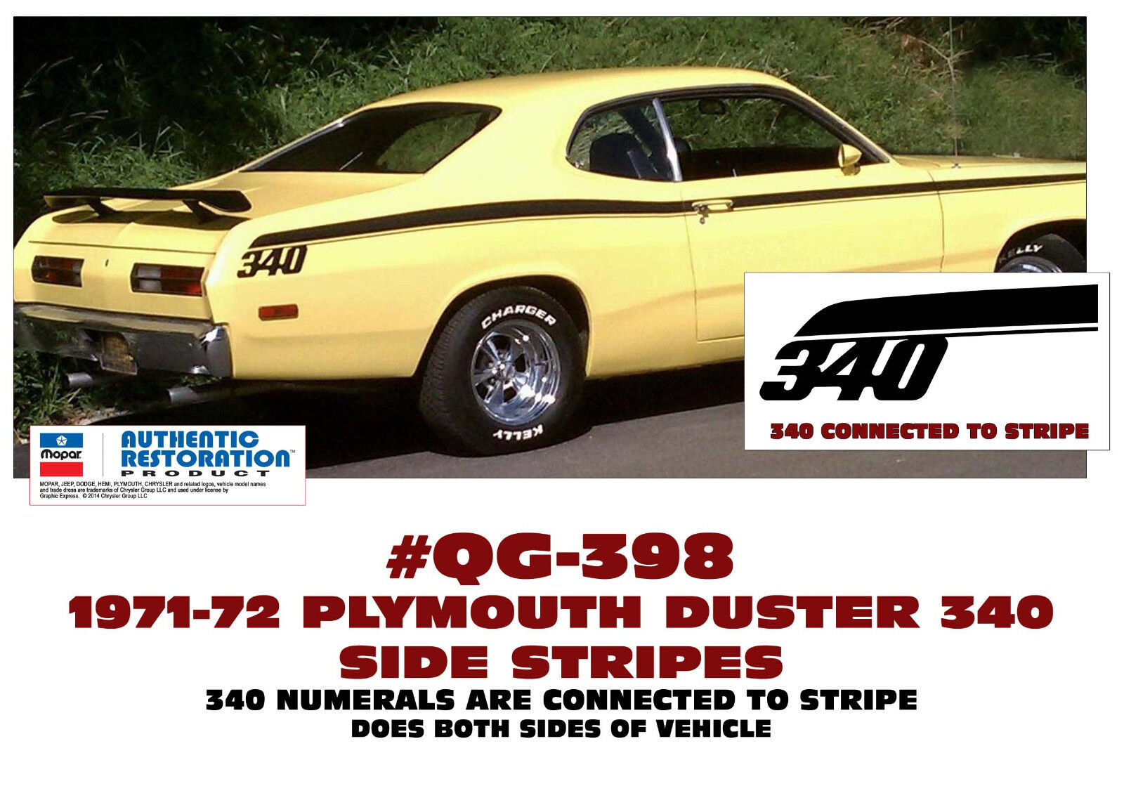 QG-398 1971-72 PLYMOUTH DUSTER 340 - SIDE STRIPE KIT - 340 CONNECTED TO STRIPE
