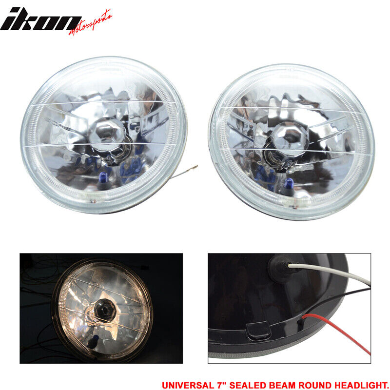Fits 7 Inch Round Chrome Clear Housing White Halo Headlights & H4 Lamp 2PCS