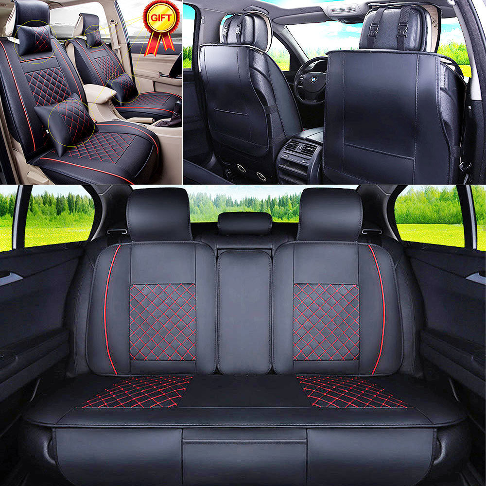 US 5-Seats Auto Car Seat Cover Cushion Front & Rear PU Leather w/Pillows L Size