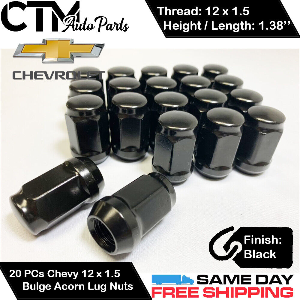 20PC CHEVROLET BLACK CONICAL SEAT 12X1.5 WHEEL LUG NUTS BULGE ACORN FOR CHEVY