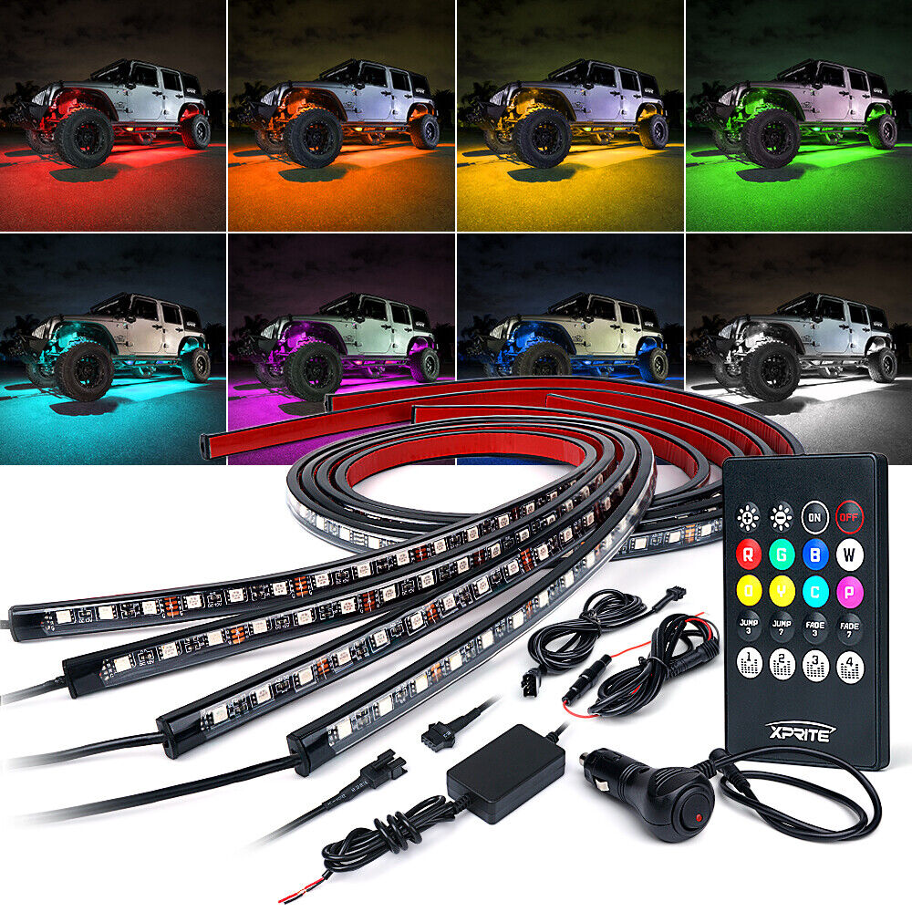 4PC 5050 RGB LED Strip Under Car Tube Underglow Underbody System Neon Lights Kit