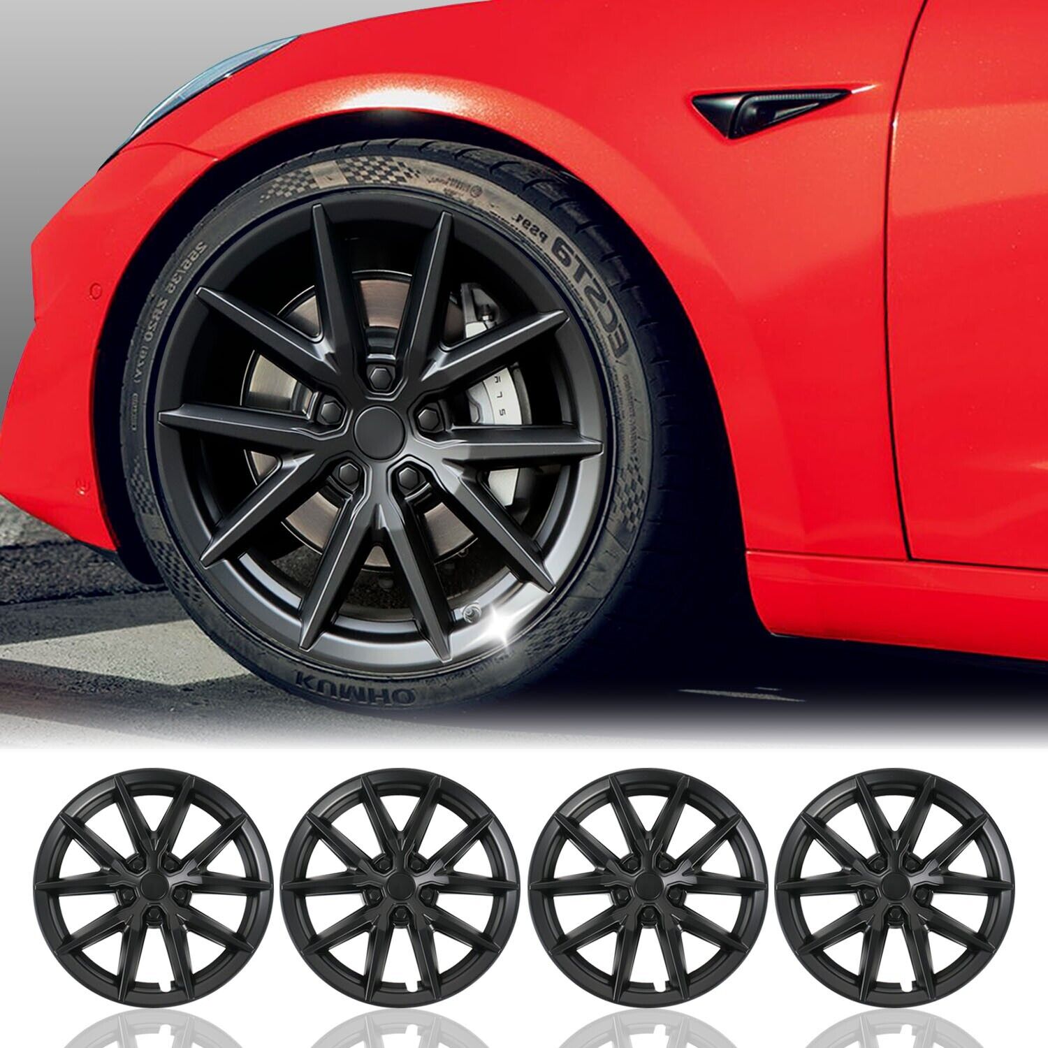 Tesla Model 3 Wheel Cover 4pcs, Black Matte 18 Inches Hubcaps, For 2017-2023