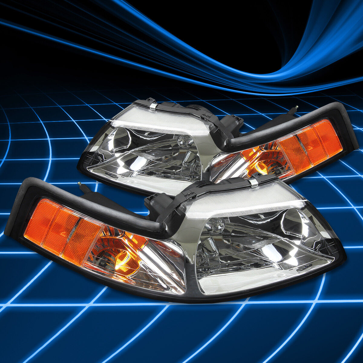 For 99-04 Ford Mustang OE Style Chrome Housing Amber Side Headlights Replacement