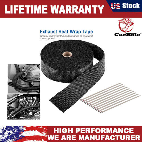 50FT Black Exhaust Header Wrap Roll Heat Wrap 10 Cable Zip Ties For Motorcycle