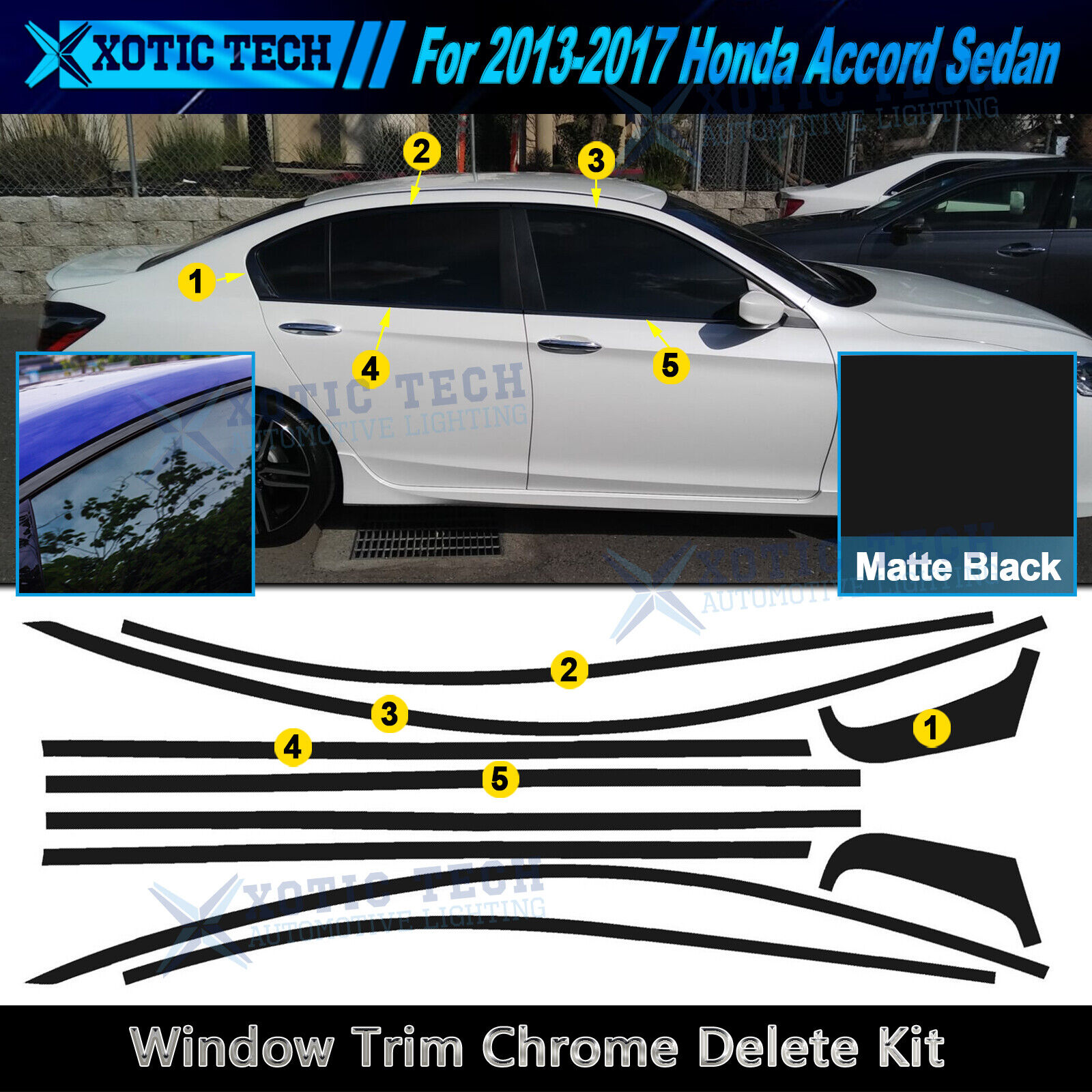 For 13-17 Honda Accord Sedan Window Trim Overlay Chrome Delete Vinyl Matte Black
