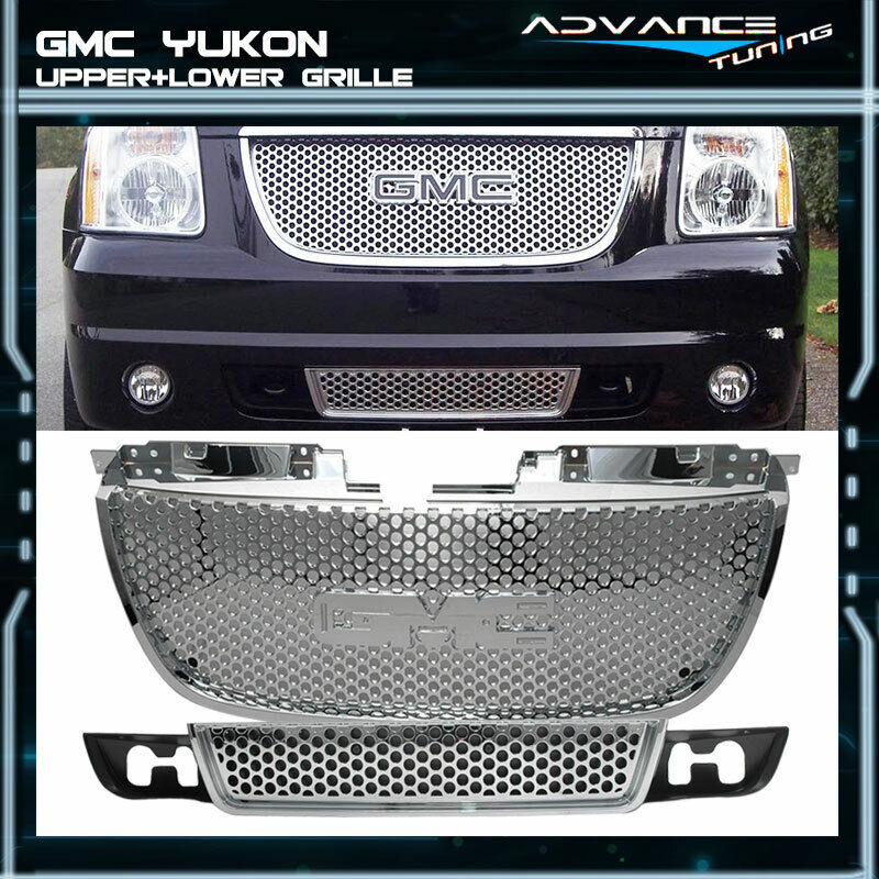 Fits 07-13 GMC Yukon Denali Chrome ABS Front Bumper Upper Grill + Lower Grille