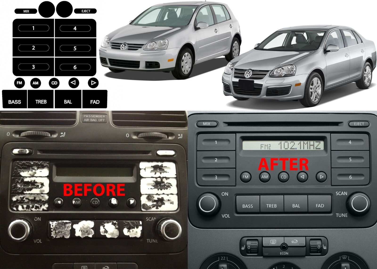 Radio Button Repair Stickers V2 2005-2009 Volkswagen Jetta Golf New 