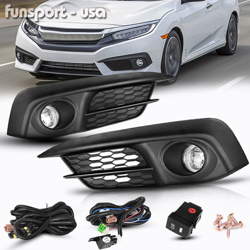 for 2016 2017 2018 Honda Civic 2/4Dr Clear Front Bumper Fog Lights Lamps+Switch
