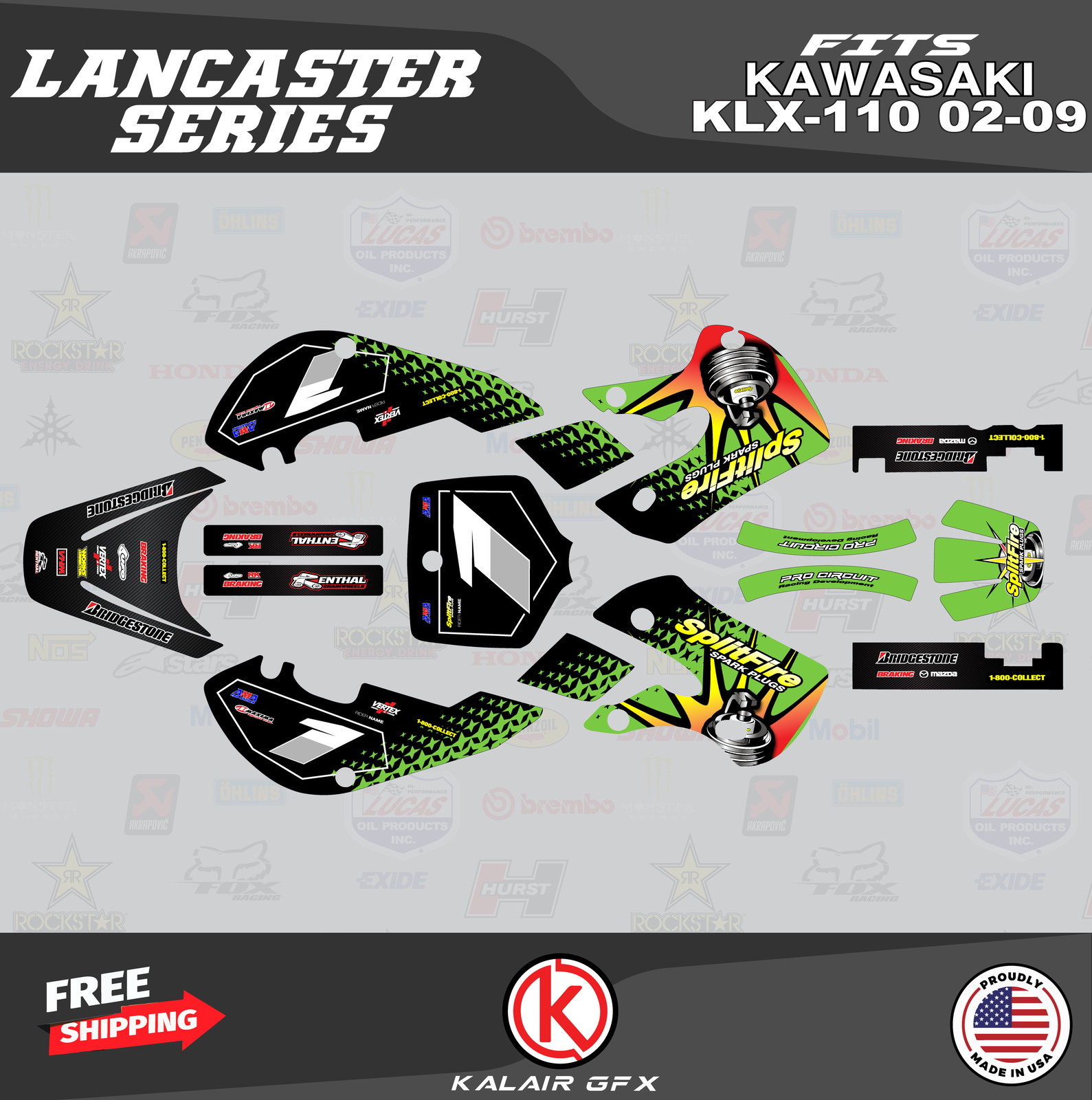 Graphics Kit for Kawasaki KLX110 (2002-2009) KLX 110 Lancaster-Green