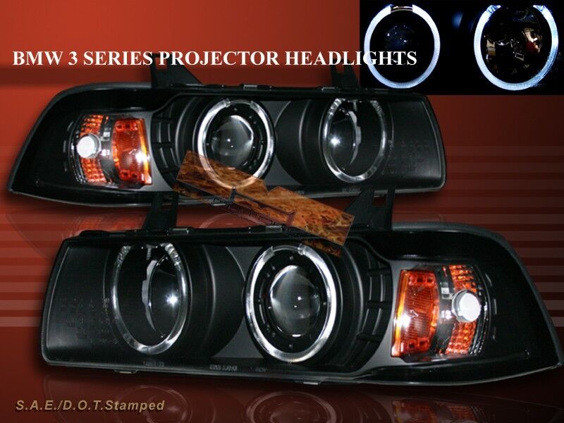 92-98 BMW E36 3 SERIES 2 DOOR COUPE TWO HALO PROJECTOR BLACK AMBER HEADLIGHTS