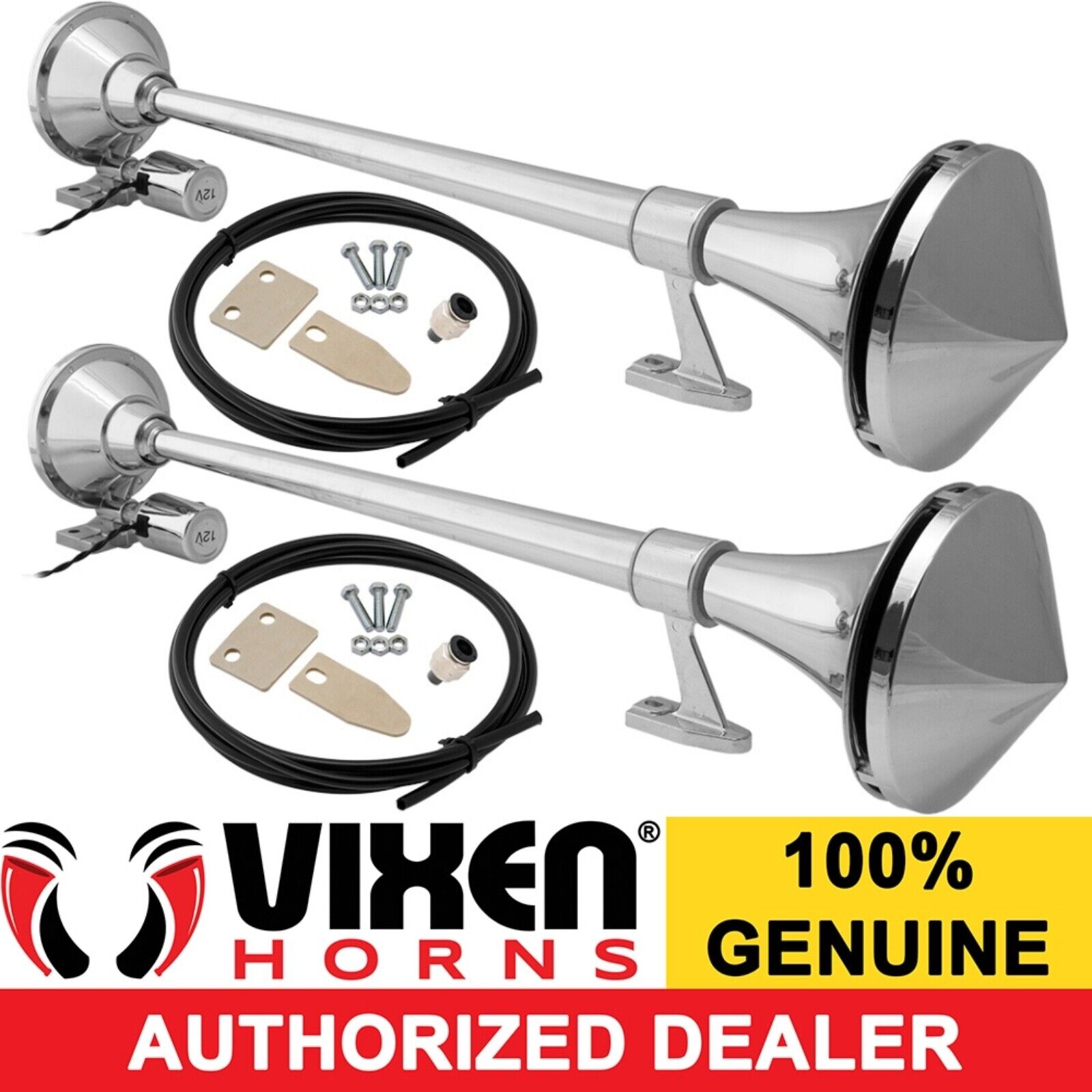 VIXEN HORNS TRAIN AIR HORN 2 TRUMPETS CHROME PLATED WATERPROOF FOR BOAT/TRUCK