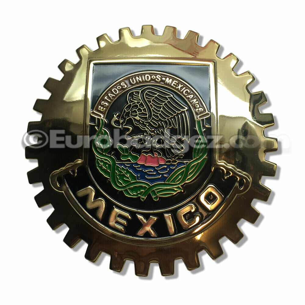 1 NEW Gold Front Grill Badge Mexican Flag Spanish MEXICO MEDALLION GOLDEN CHROME