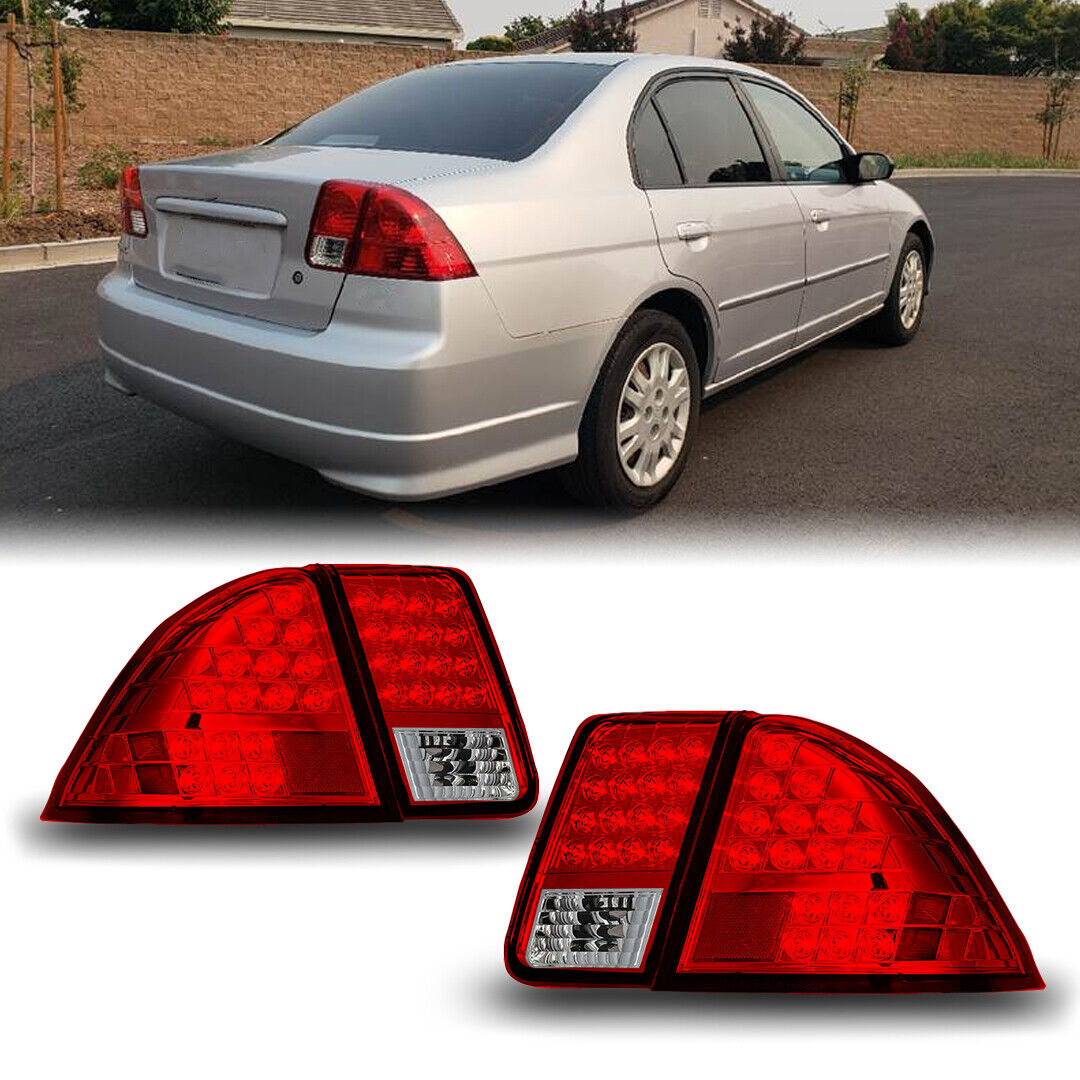 LED Tail Lights for 2001-2005 Honda Civic Sedan Pair Rear  Lamps - Chrome/Red