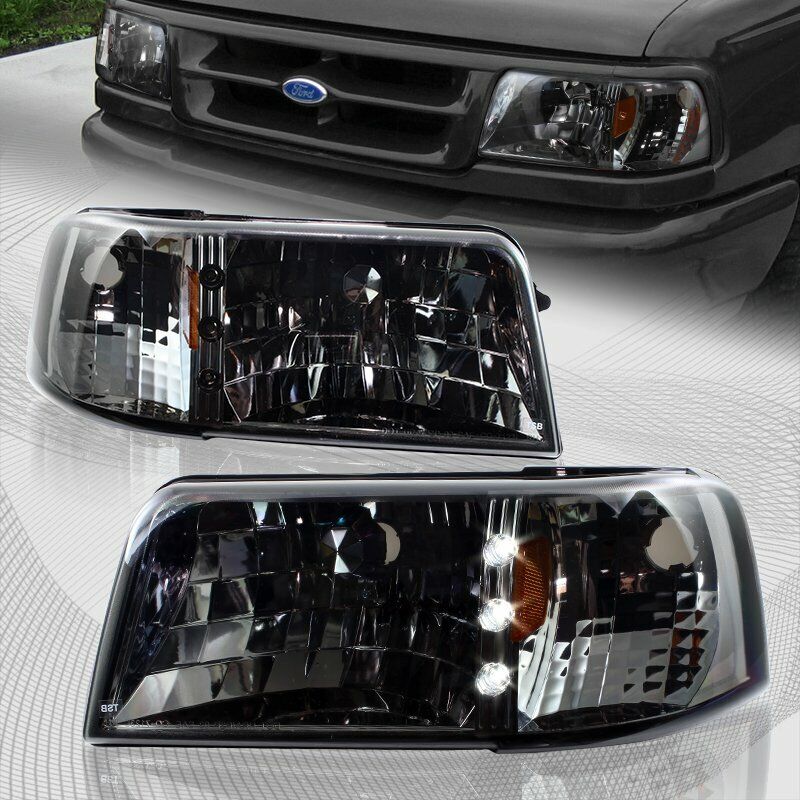 For 1993-1997 Ford Ranger Smoke Lens LED 1-Piece Head Lights W/Amber Reflector