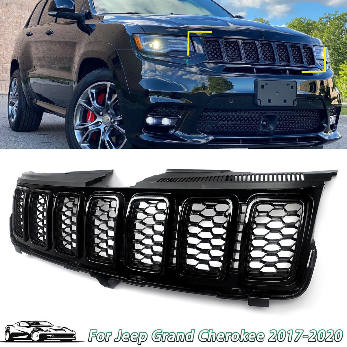 For 2017-2020 Jeep Grand Cherokee Front Bumper Upper Grille Gloss Black Trim US*