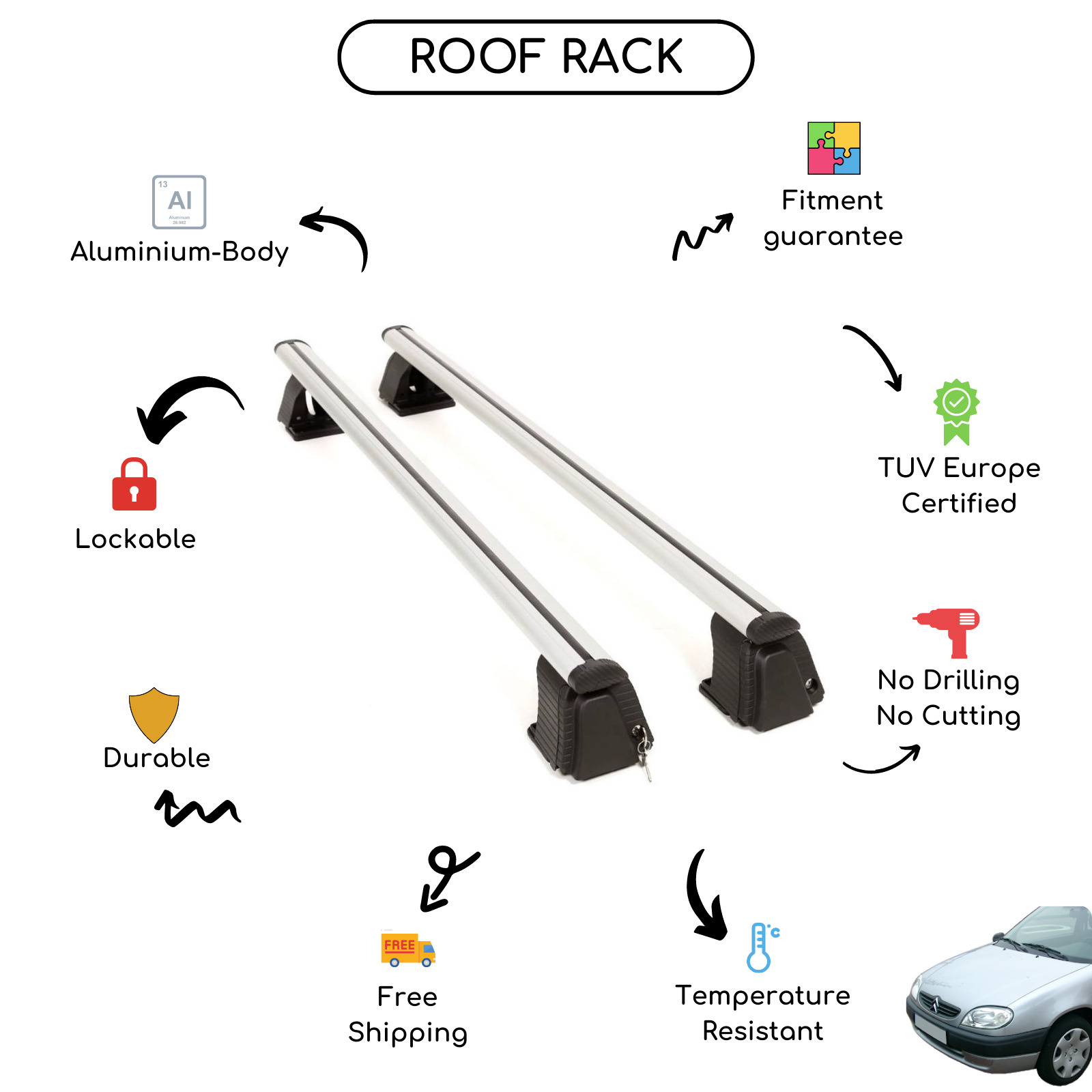 Bare Roof Rack Cross Bars Set for Citroen Saxo Hatchback 1996 - 2003