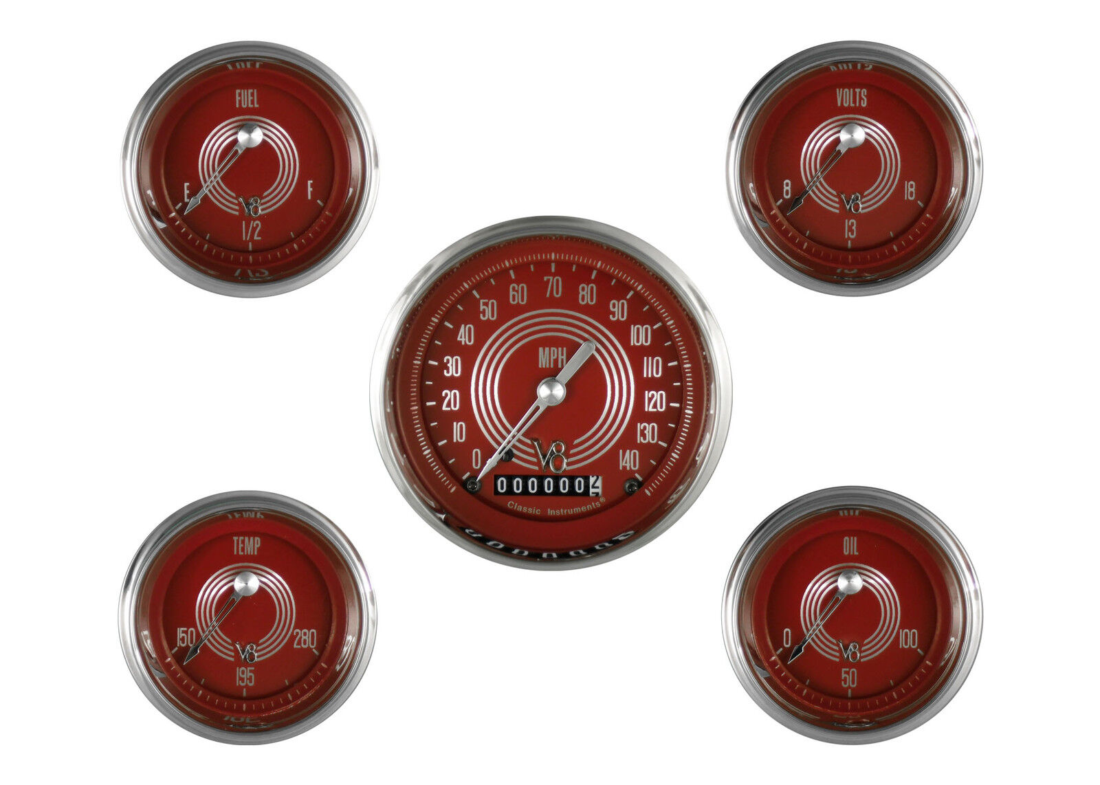 classic instruments speedster series 5 gauge set glass red steelie v8rs00shc