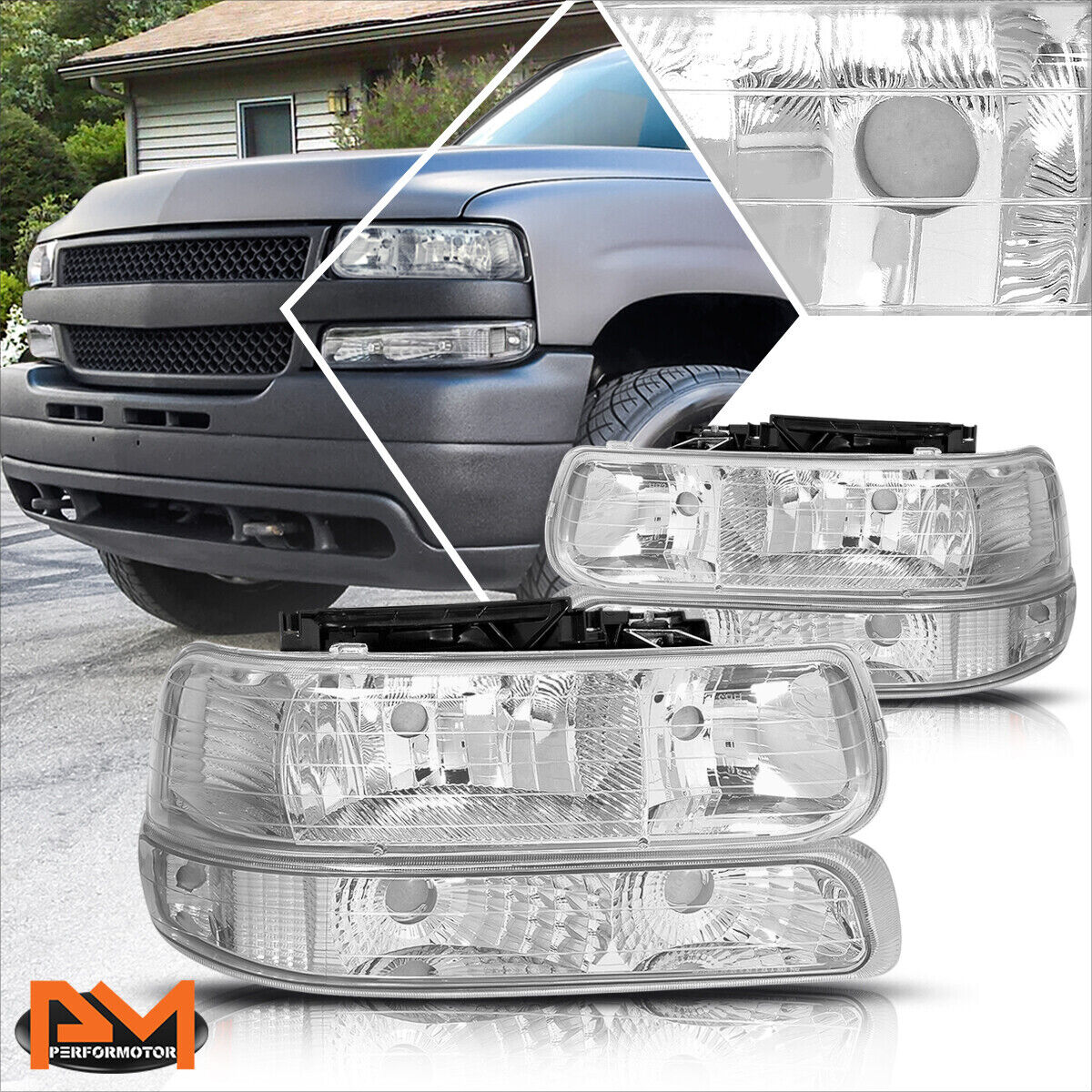 For 99-02 Chevy Silverado/00-06 Suburban Bumper Headlight/Lamp Clear Side Chrome