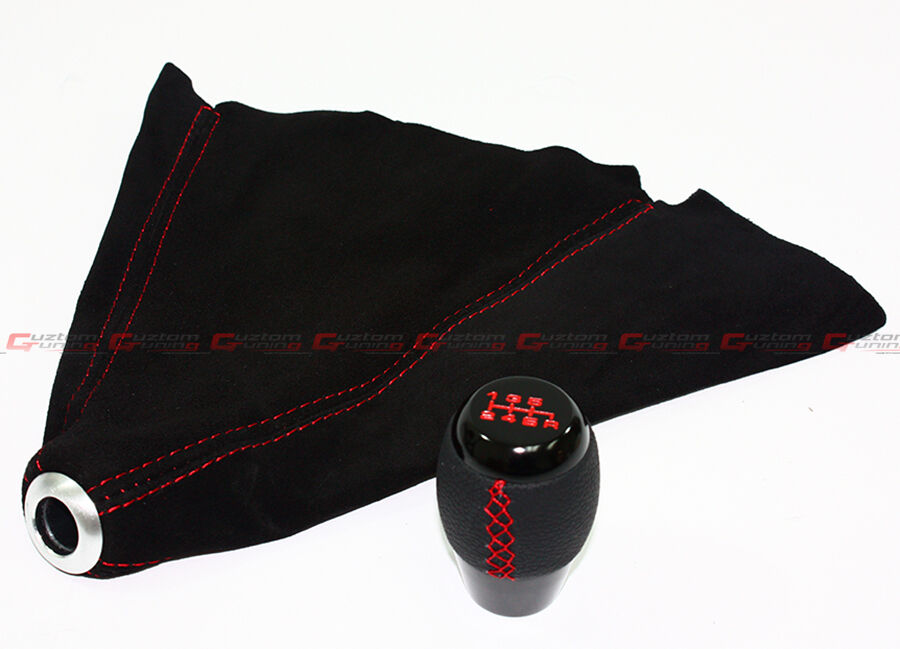 M10 X 1.5 LEATHER 6 SPEED SHIFT KNOB RED STITCHING + BLACK SUEDE BOOT FOR HONDA