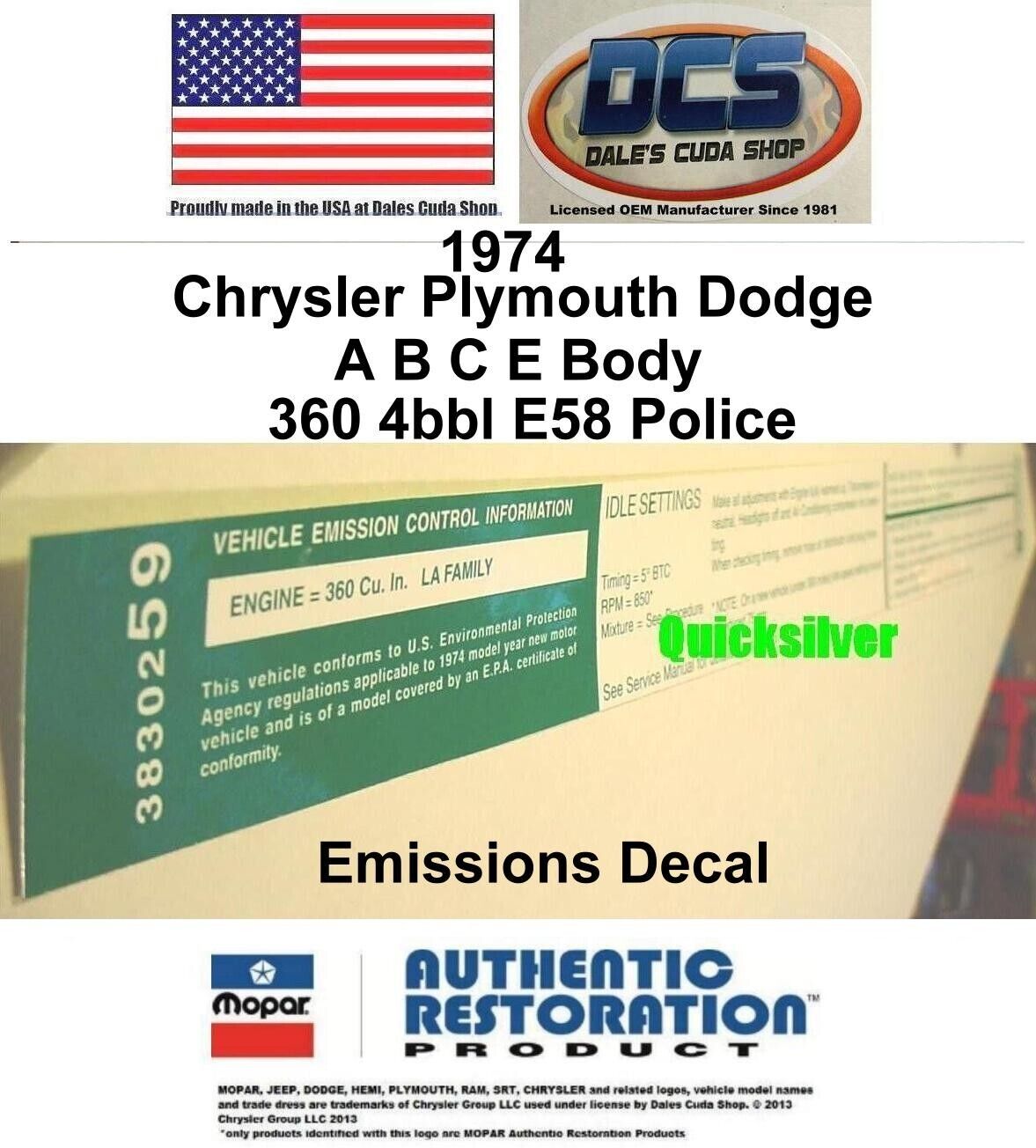 1974 Dodge Plymouth 360 4bbl Emissions Decal 3830259 NEW MoPar USA