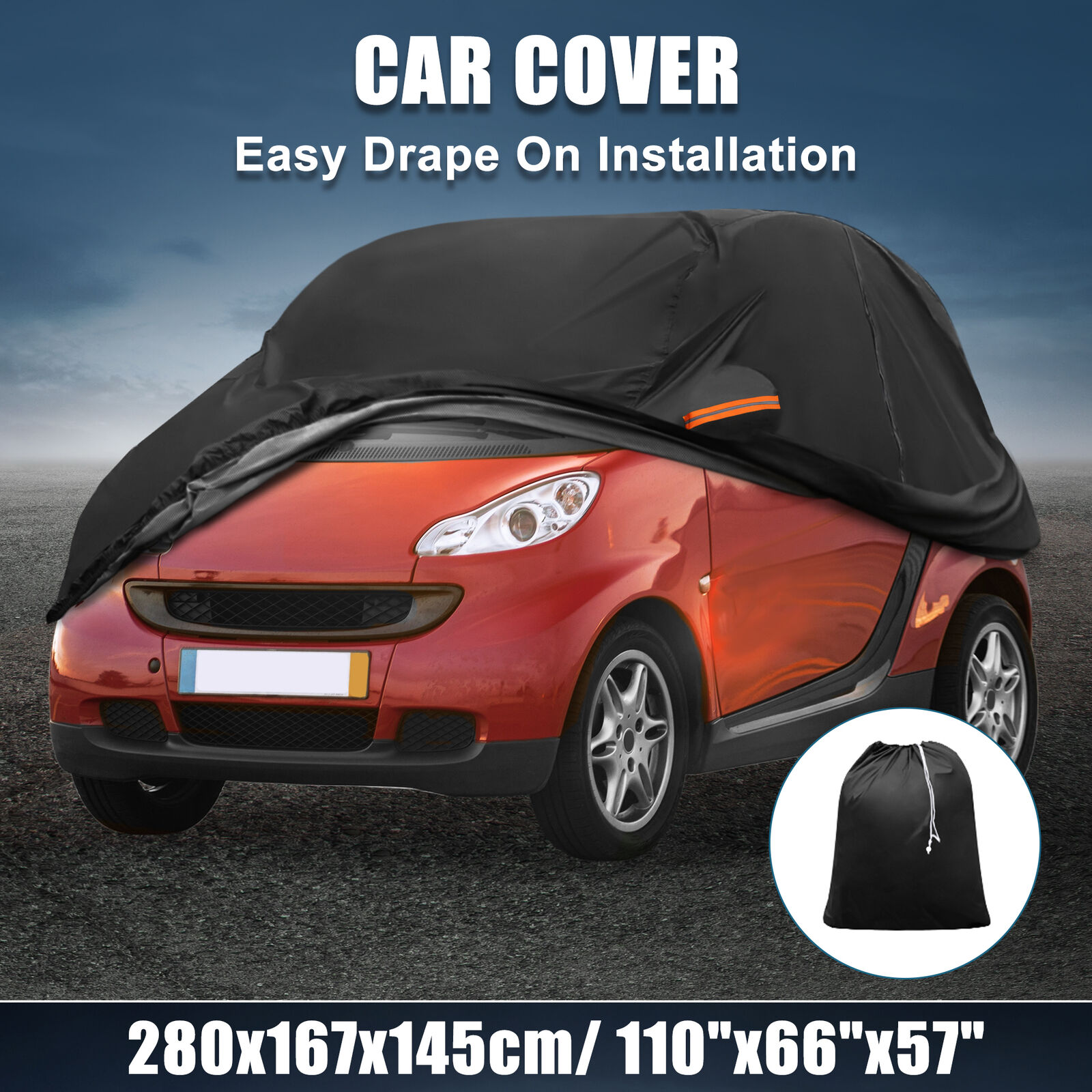 Waterproof 210D-PU Oxford Car Cover for Smart Fortwo 07-23 with Zipper Black