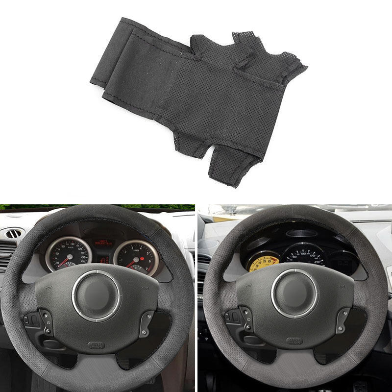 BLACK Steering Wheel Suede Leather Cover For Renault Kangoo 2008 Scenic 2 03-09