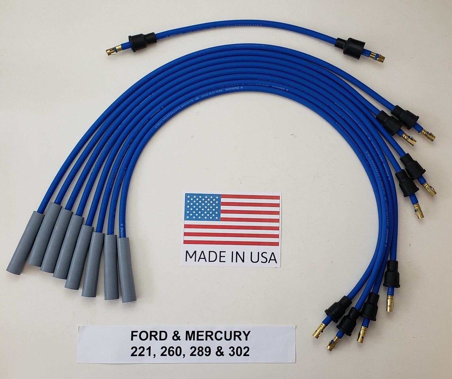 FORD 260 289 302 351W WINDSOR  8mm BLUE SPIRAL Spark Plug Wires Points Cap USA