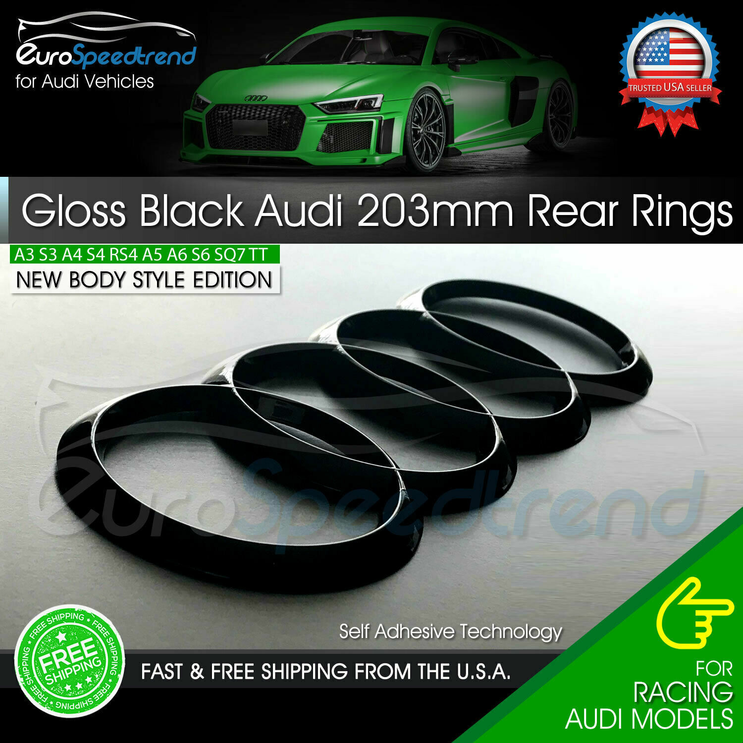 AUDI Rear Rings Gloss Black 203mm Trunk Lid Emblem Badge Logo A4 S4 S6 A6 Q3 Q5