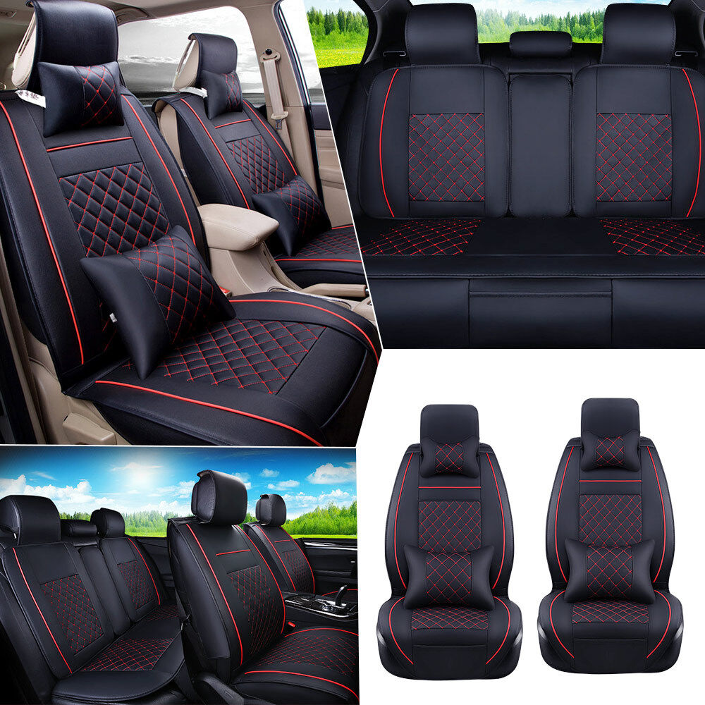 L Car Seat Cover Cushion PU Leather 5-Seat Front + Rear + Nect Lumbar Pillows US