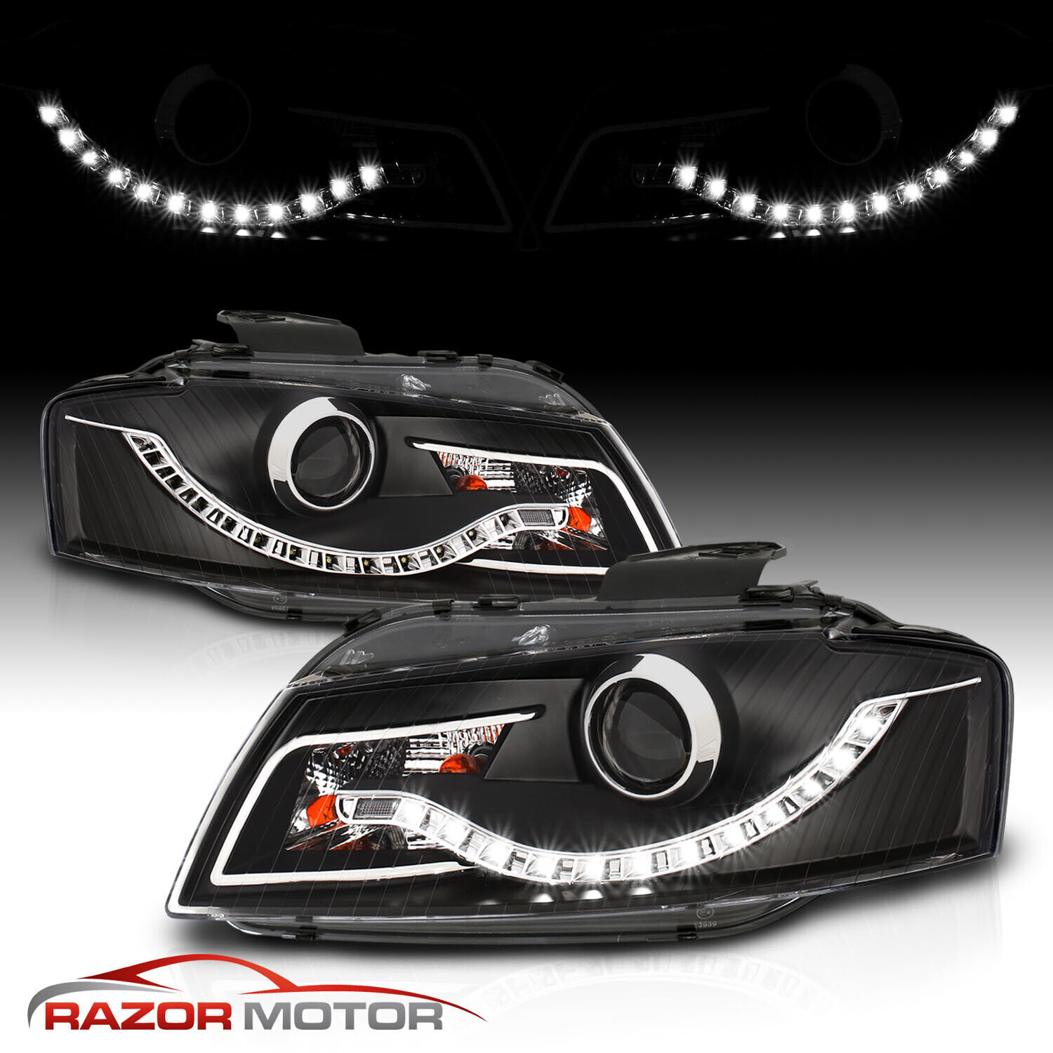 [R8 Style LED Strip] 2006 2007 2008 Fit Audi A3 Projector Black Headlights Pair