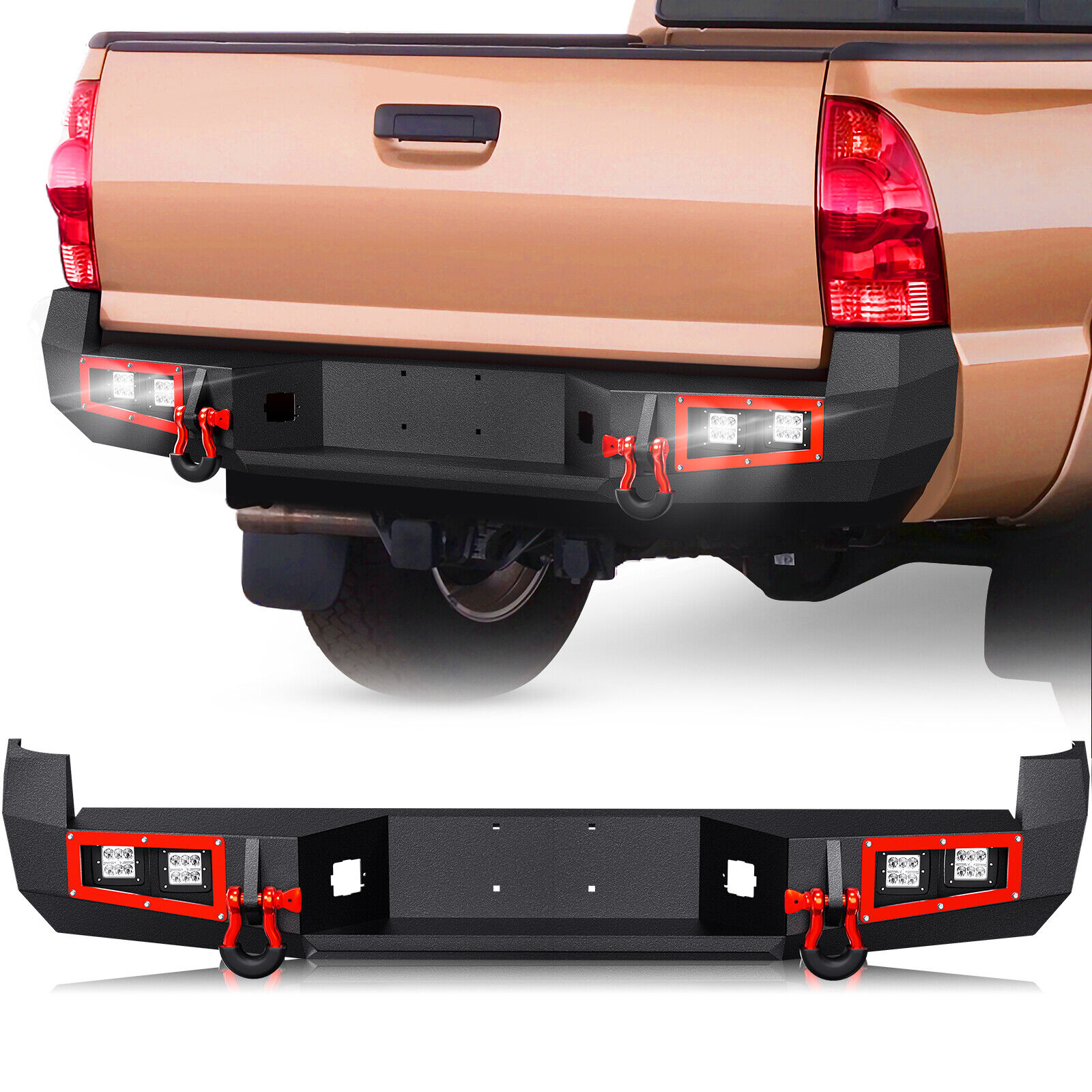 Rear Step Bumper for 2005-2015 Toyota Tacoma 2nd Gen Pickup Truck W/ 4LED Lights