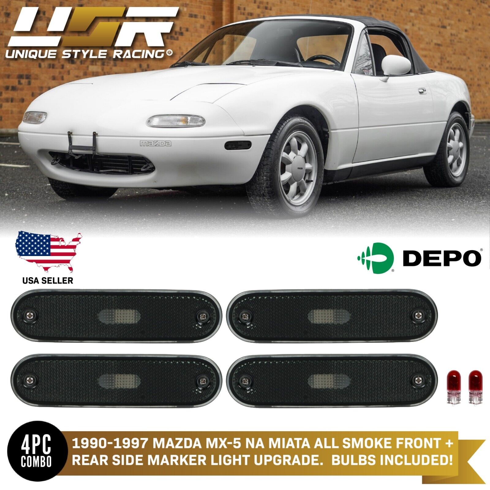 DEPO Smoke Bumper & Front+Rear Side Marker Lights For 90-97 Mazda Miata MX-5 MX5