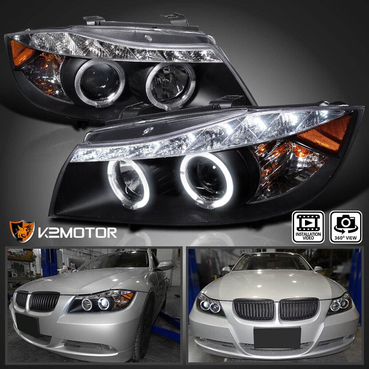 Black Fits 2006-2008 BMW E90 323I 335I 3 Series LED Strip Projector Headlights